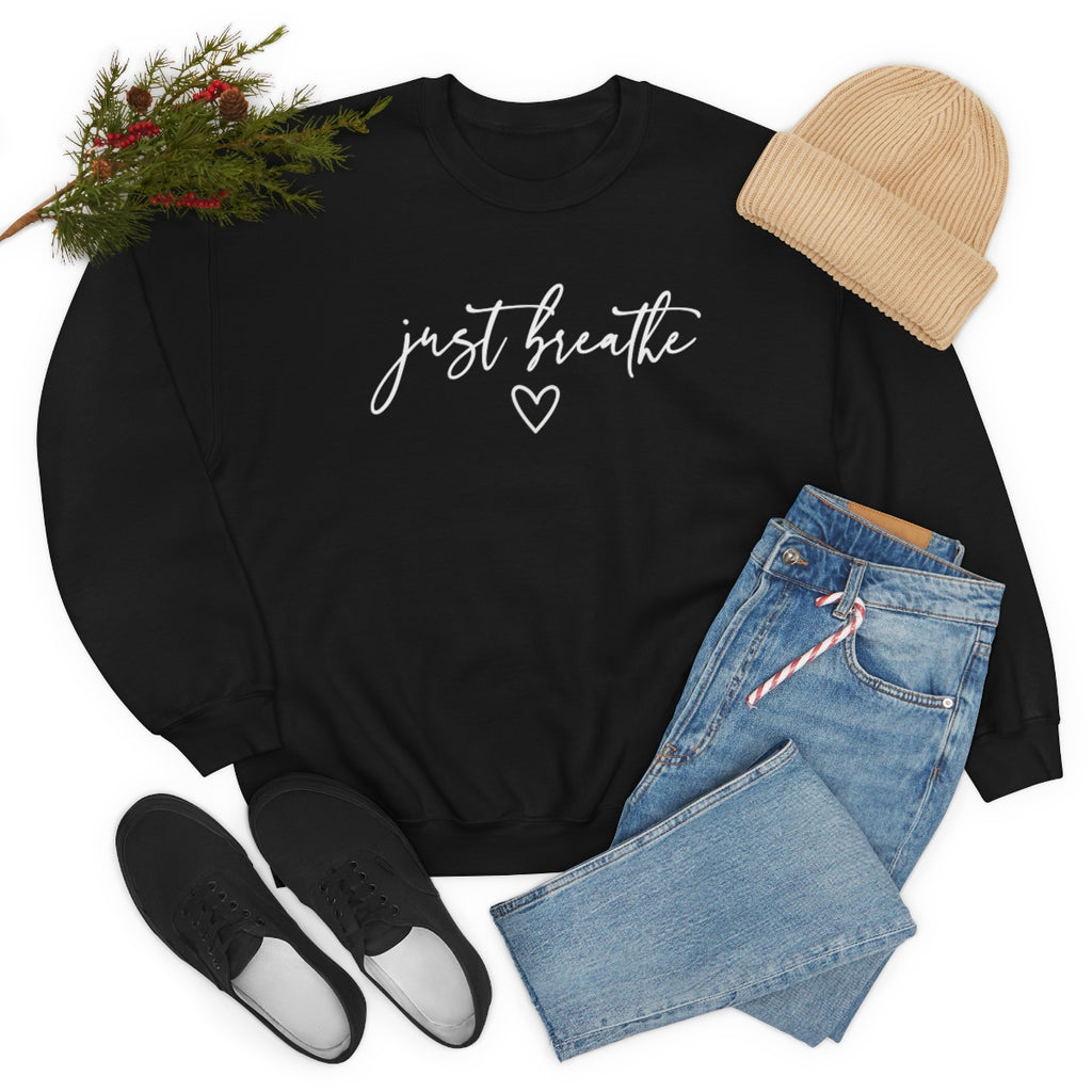 Just Breathe in White Lettering-Unisex Heavy Blend Crewneck Sweatshirt