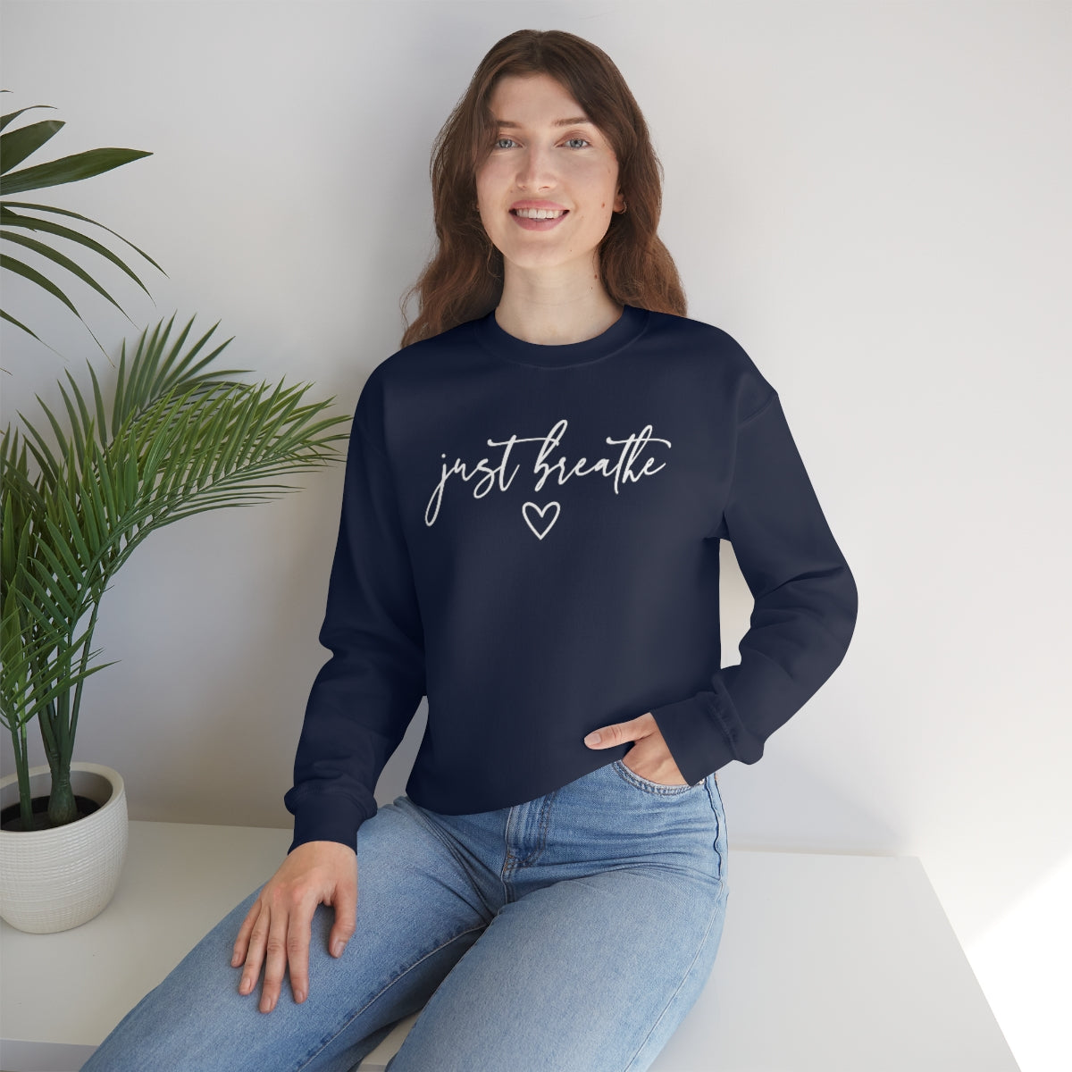 Just Breathe in White Lettering-Unisex Heavy Blend Crewneck Sweatshirt