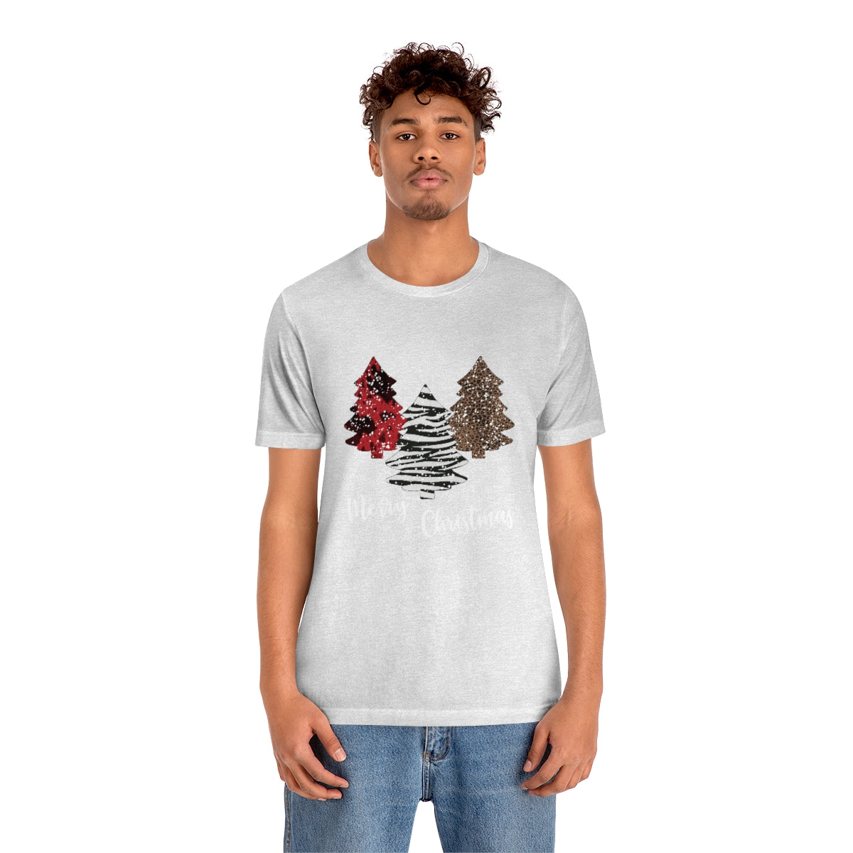 Merry Christmas with trees and snow-Unisex Jersey Short Sleeve Tee