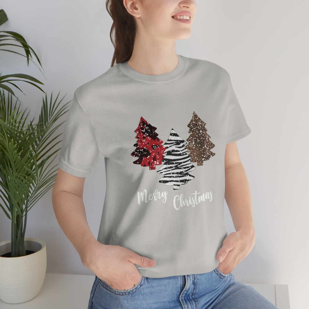 Merry Christmas with trees and snow-Unisex Jersey Short Sleeve Tee