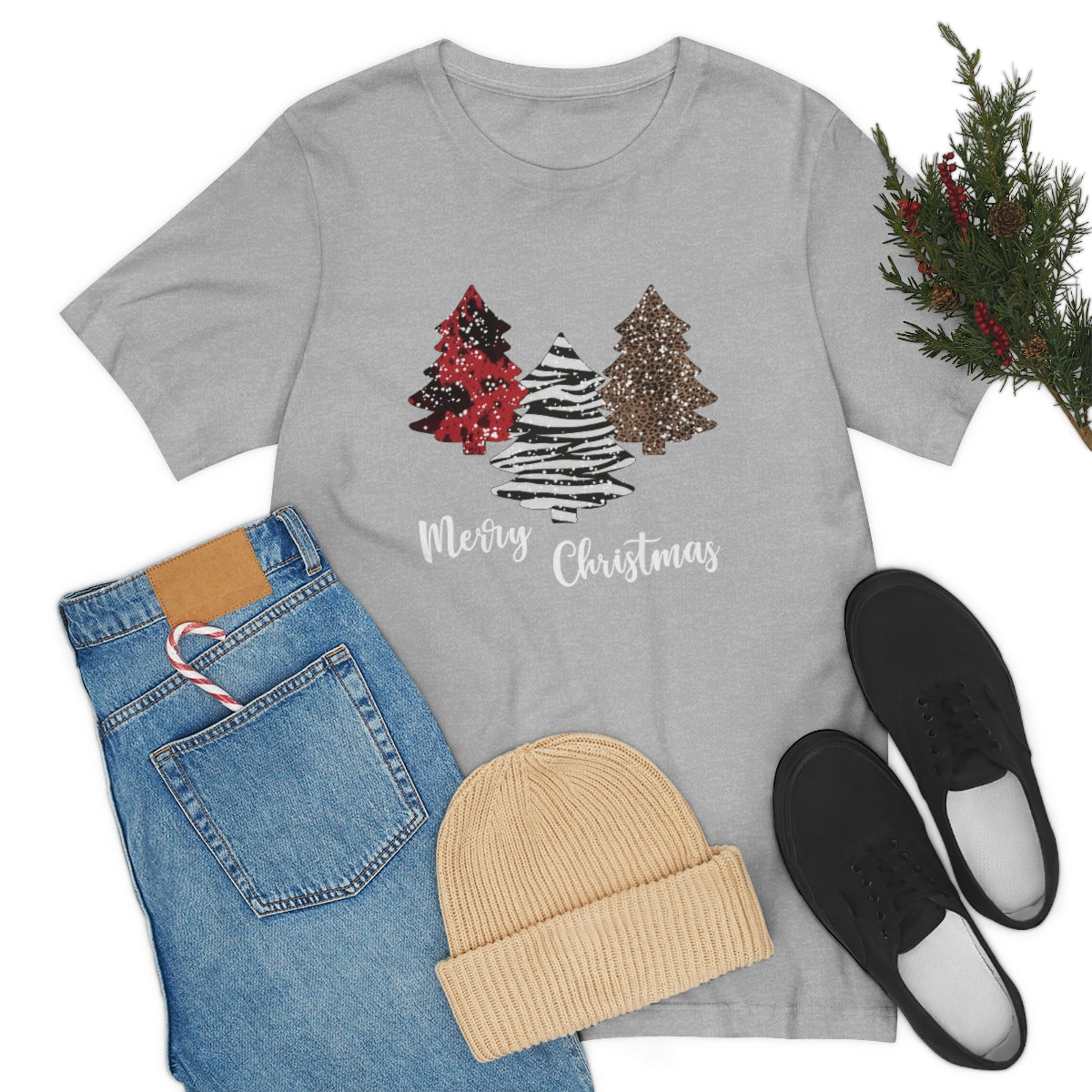 Merry Christmas with trees and snow-Unisex Jersey Short Sleeve Tee
